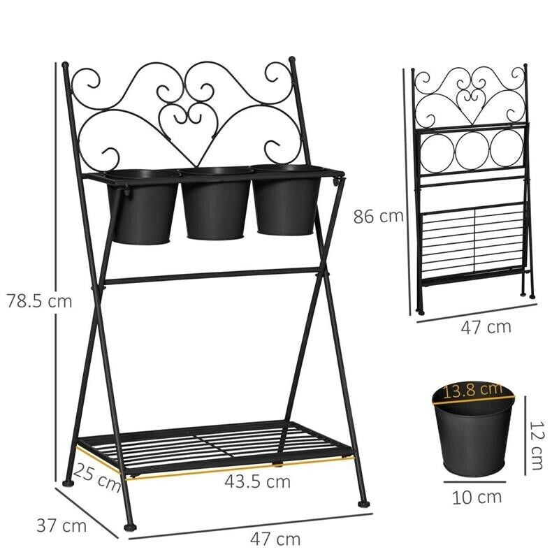 PORTAPIANTE IN METALLO PIEGHEVOLE CON 3 VASI E RIPIANO INFERIORE PER CASA E GIARDINO, 47X37X78.5CM, NERO