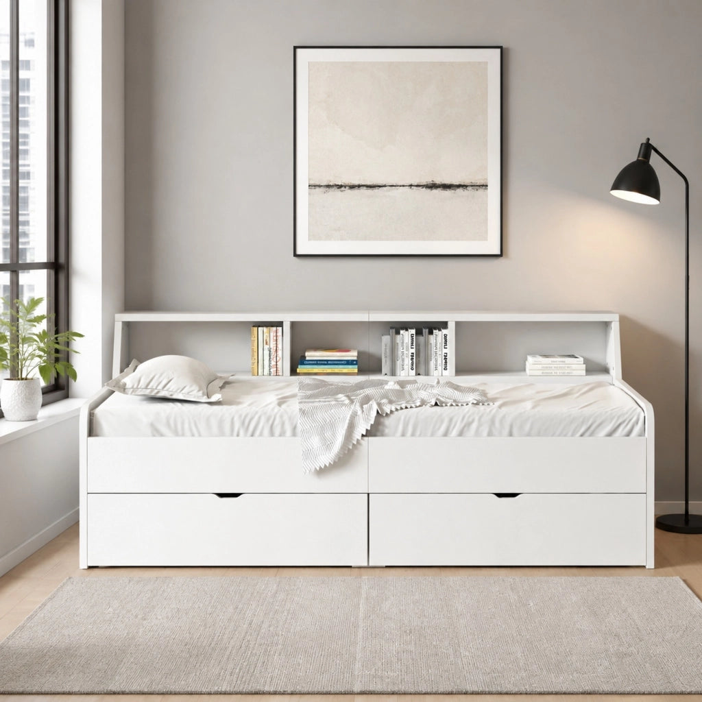 LETTO Daybed 90x200 cm con 2 cassetti e vani contenitore Bianco