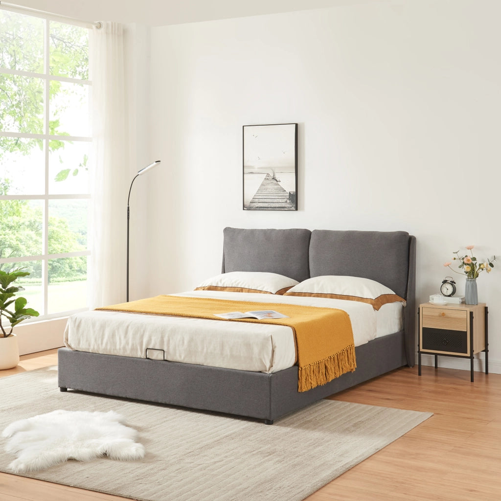Struttura Letto Francese Lunner 140 x 200 cm con Contenitore e Testiera Imbottita - Grigio Scuro [en.casa]