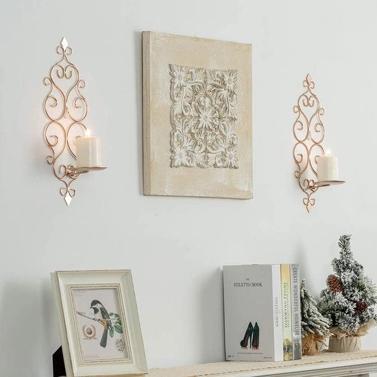 Set di sostegni per candela in metallo da parete con 2 pilastri da parete fissi, supporto per candela, decorazione per candela per camera da letto, sala da pranzo, soggiorno, bagno.