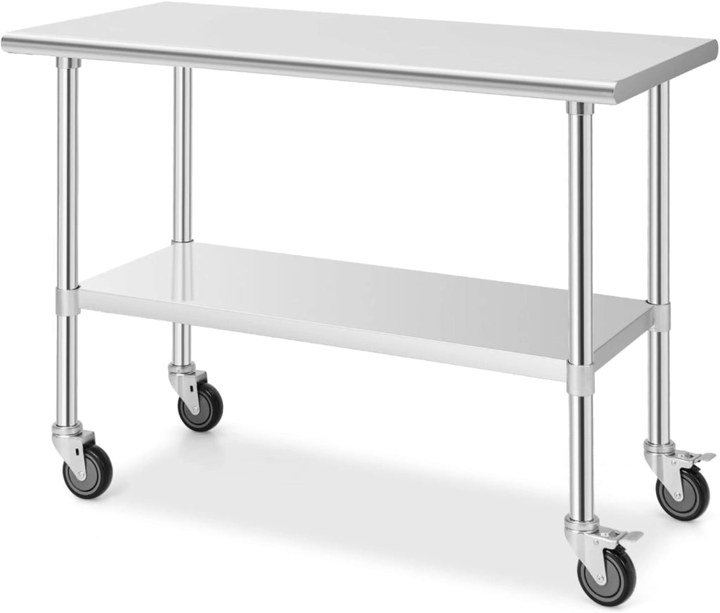 Tavolo in acciaio inox con ruote universali, carrello da lavoro con ampio piano e ripiano inferiore regolabile, tavolo di preparazione in metallo mobile per cucina, ristorante, NF88931ES