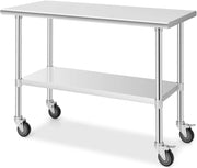 Tavolo in acciaio inox con ruote universali, carrello da lavoro con ampio piano e ripiano inferiore regolabile, tavolo di preparazione in metallo mobile per cucina, ristorante, NF88931ES