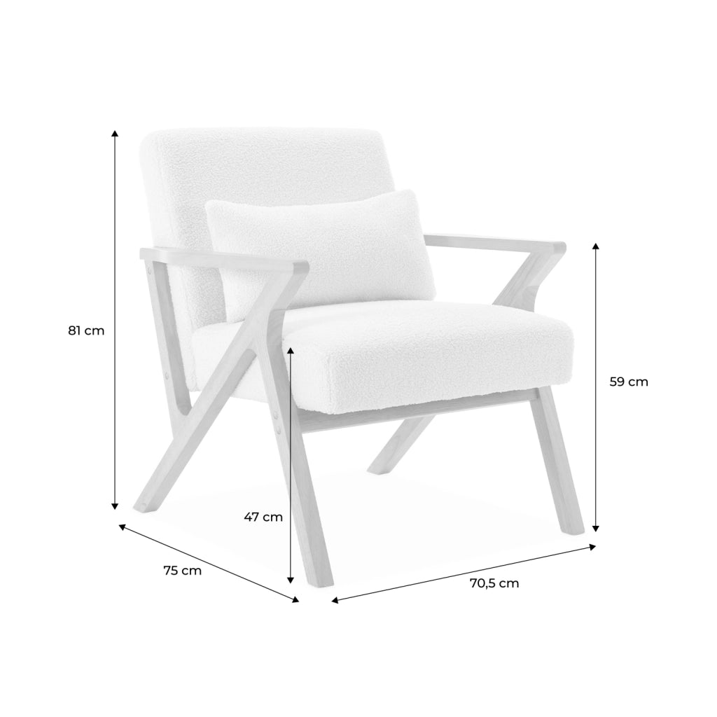 Poltrona scandinava in legno di hevea e bouclé, bianco