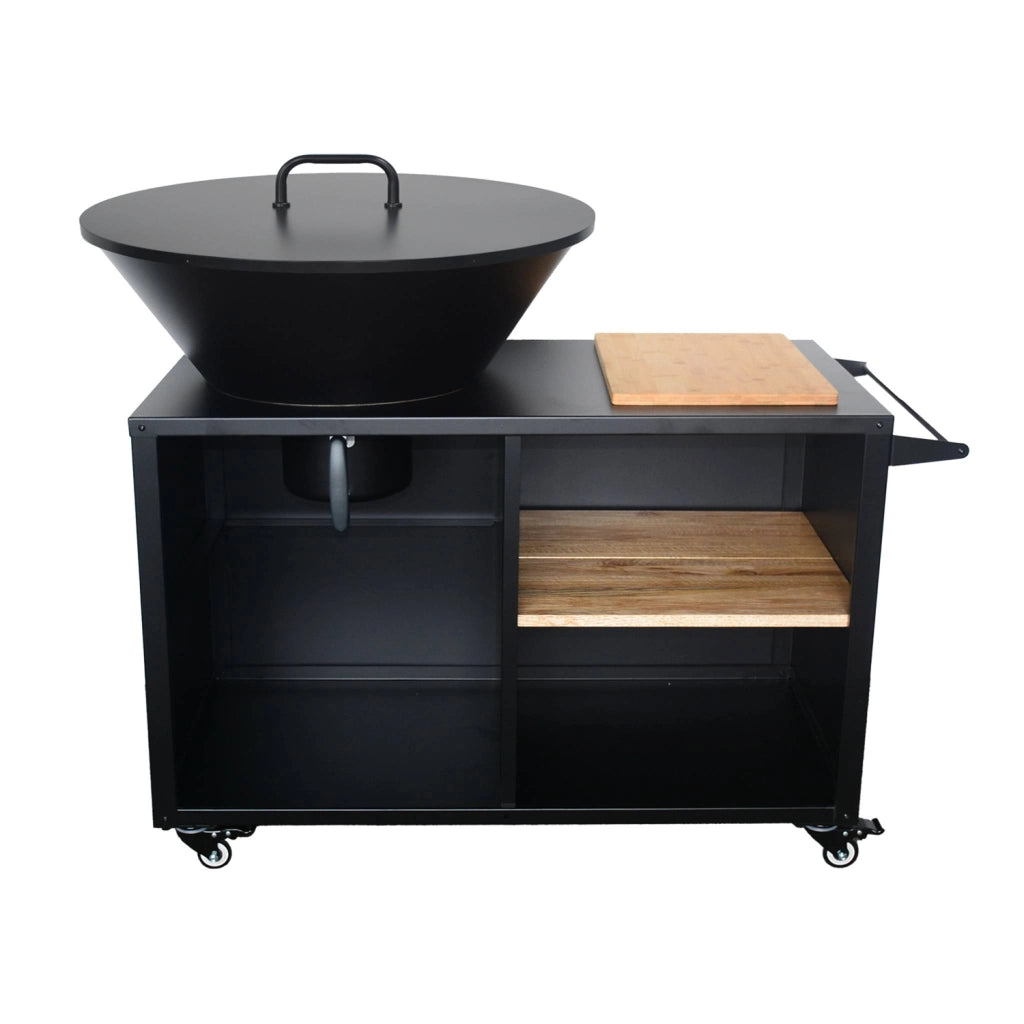 Braciere barbecue ø80cm, carrello con spazi di stoccaggio e coperchio,