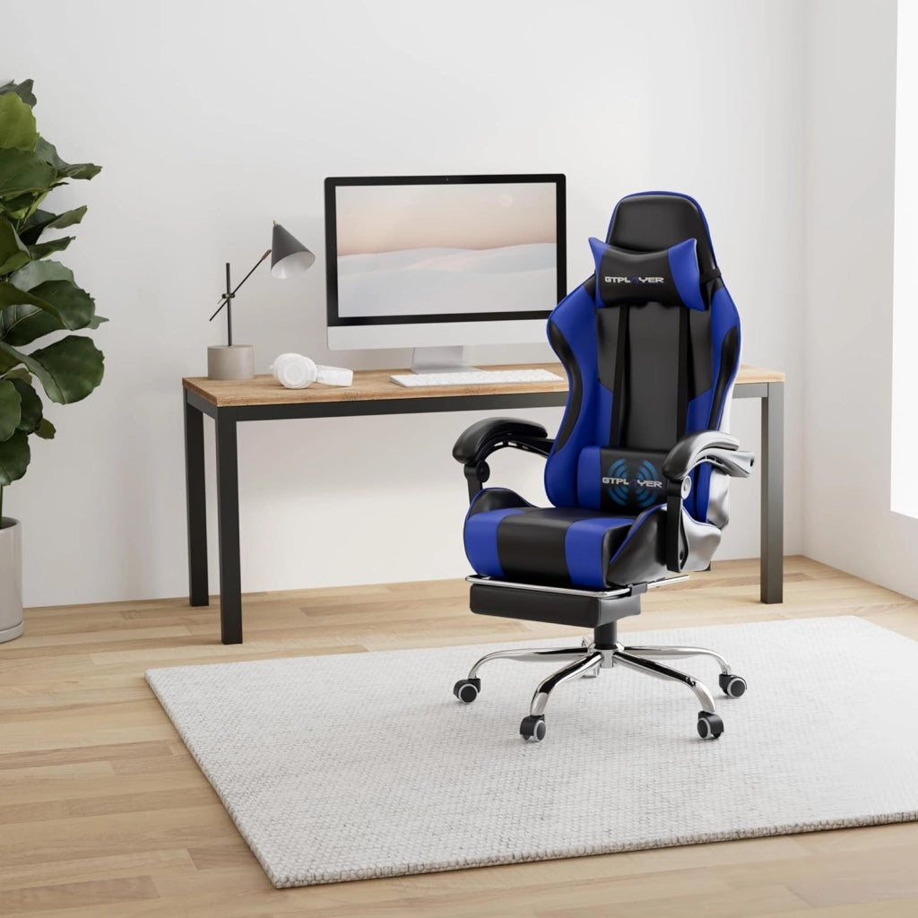 Sedia da Gaming, Ergonomico Sedia da Ufficio, con Massaggiante poggiapiedi e supporto lombare, Schienale Regolabile 90-135°, Portata 150 kg, sedia per computer, Blu