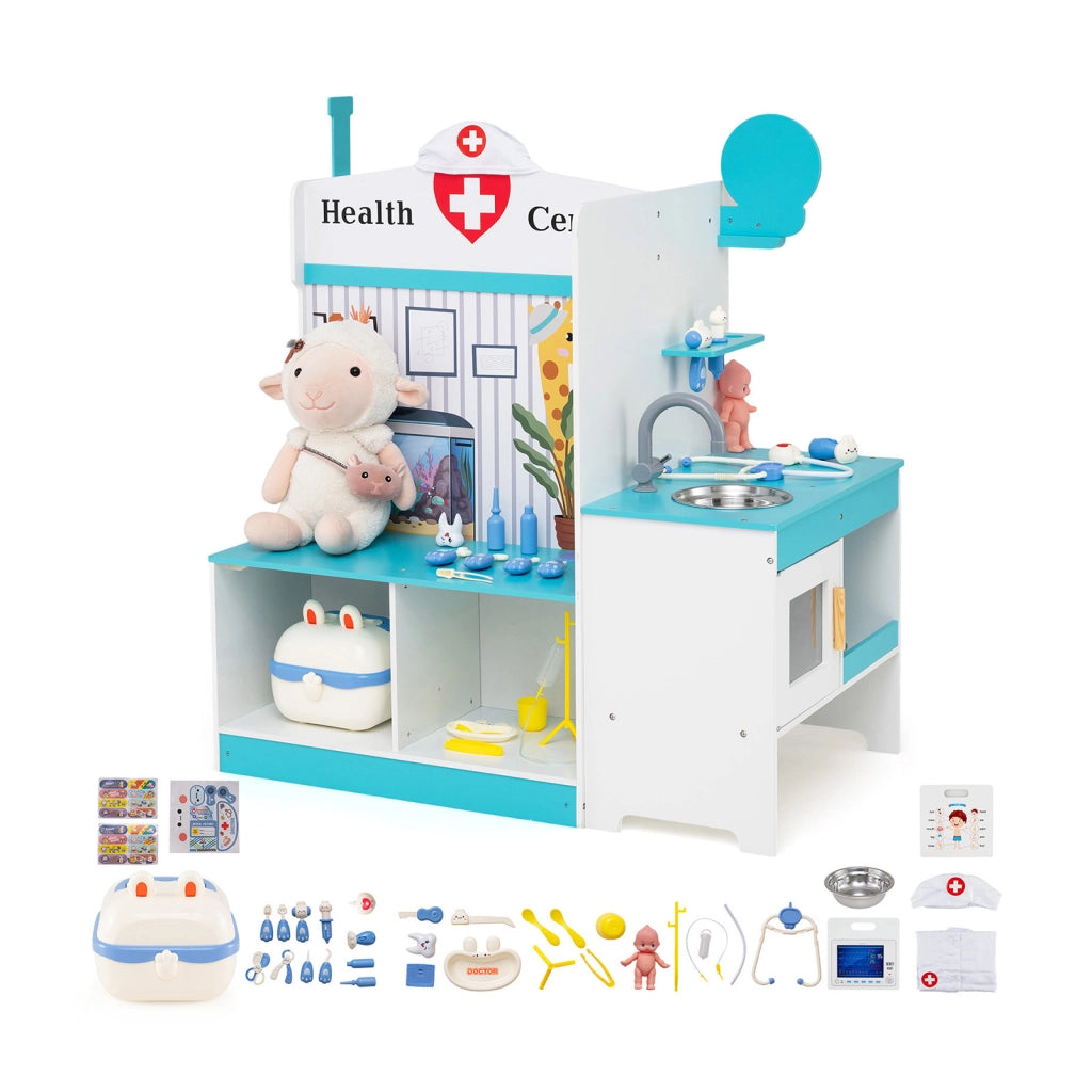 Set dottore bambini legno rubinetto lavandino monitor ecg 27 accessori, Set dottore diagramma corpo orologio barra 3-6 anni