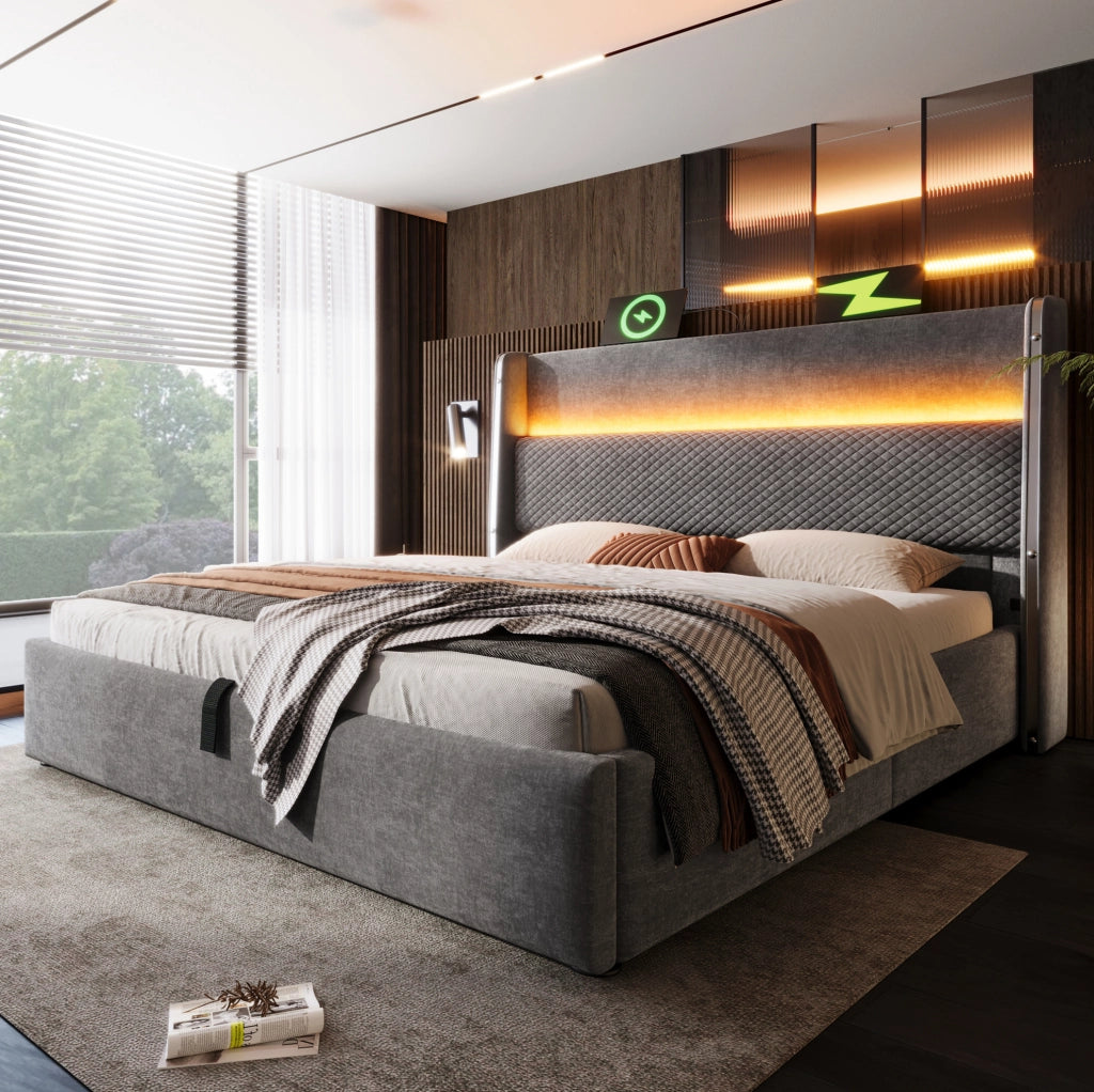 Letto matrimoniale 160x200 cm con testiera alta; LED; contenitore e porte USB Type-C; grigio