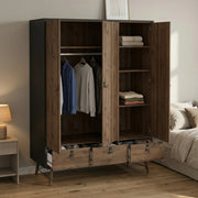 Guardaroba 3 ante Virgil, Mobile camera da letto, Cabina armadio portabiti, Armadio appendiabiti, 150x60 h200 cm, Nero e Noce