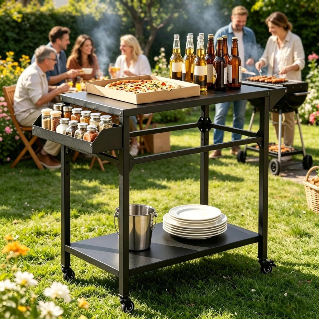 Carrello per Barbecue a 2 livelli, Carrello da Giardino con Porta Asciugamani e Scaffale per Spezie, Desserte da Esterno, 4 Rotelle, per Giardino e Terrazza, 100 x 45 x 80 cm, Nero