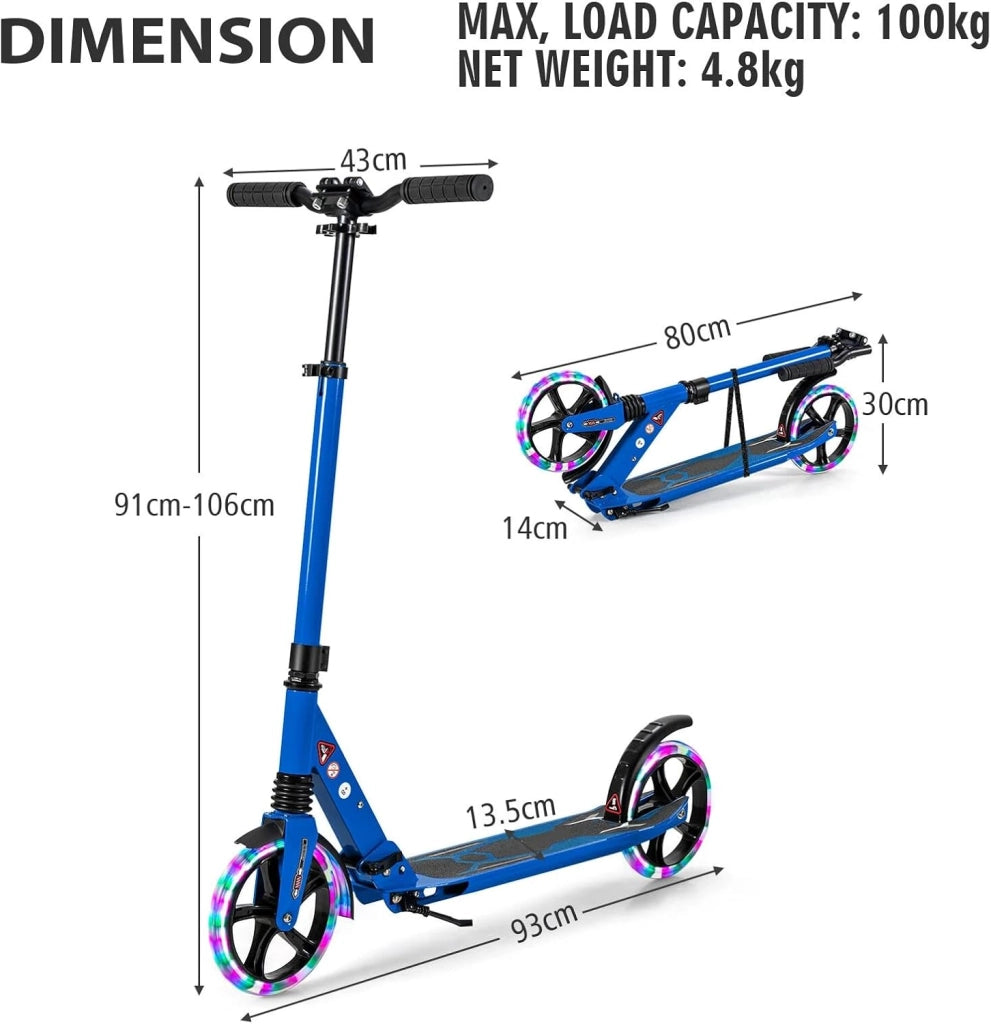Monopattino da bambino con 2 ruote, LED e freno, skateboard pieghevole, 3 altezze regolabili, scooter in alluminio con cavalletto e cintura, carico 100 kg, bambini 8 anni
