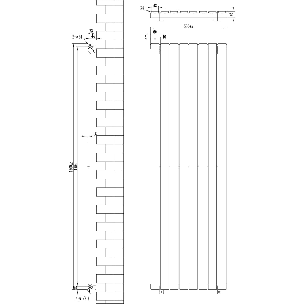 Radiatore Verticale 1800 x 560 mm con Valvole TRV Nero