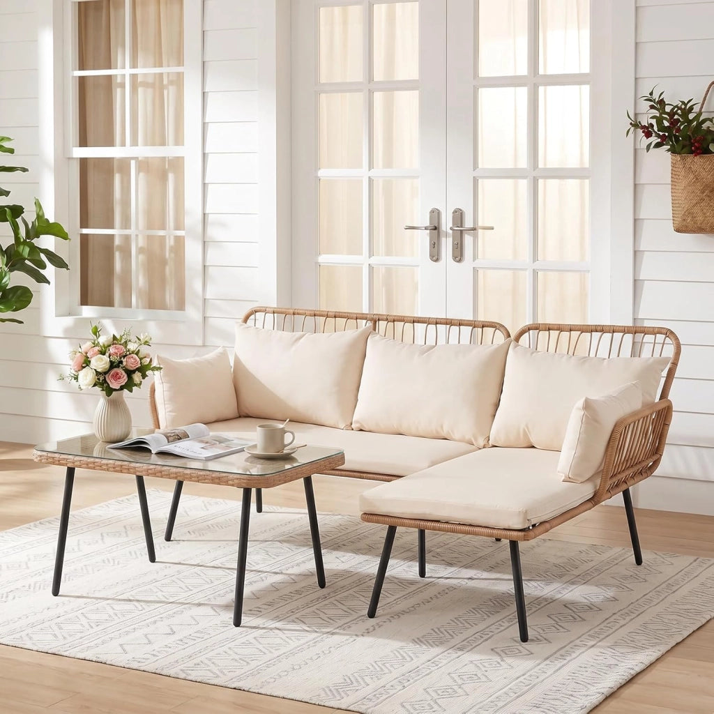 Set di 3 Pezzi Mobili da Giardino, 2 Divani in PE Rattan con Cuscini Imbottiti, Tavolino da Caffè Rotondo con Piano in Vetro Temperato, Facile da Pulire, per Cortile, Terrazza e Balcone