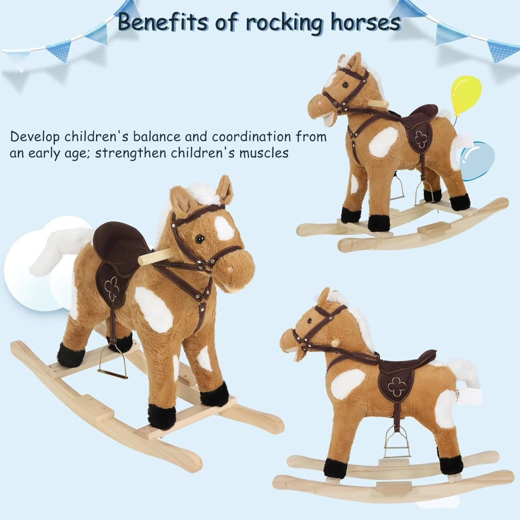 Cavallo a Dondolo in Legno per Bambini, Cavalluccio Cavalcabile in Peluche con Suoni, Giocattolo Regalo per Bimbi 1/2/3 Anni, Marrone e Bianco