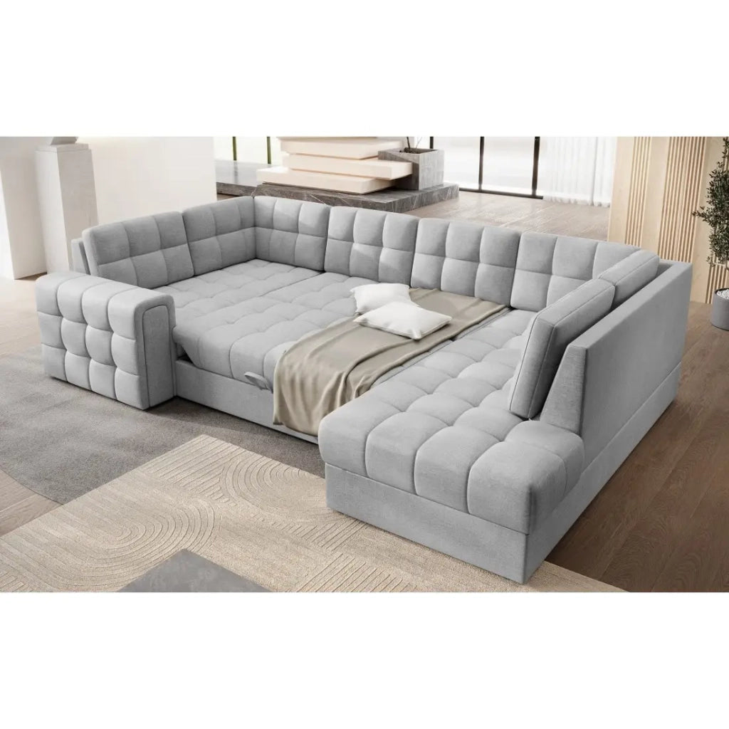 Divano ad angolo convertibile MONTEZA grigio 299 cm con contenitore e letto