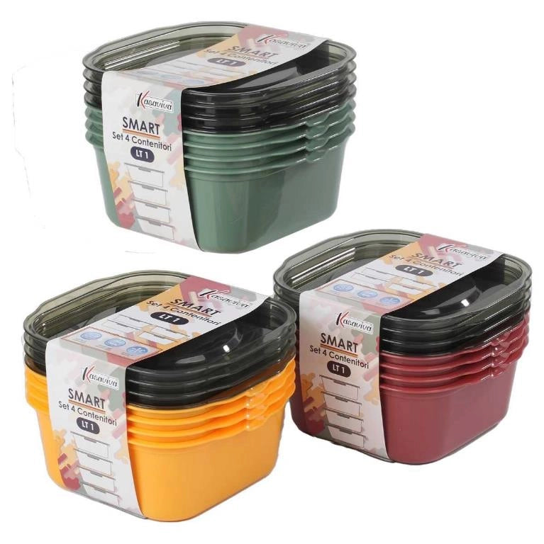 Set 4 Pezzi Frigobox per Alimenti Quadrato Smart Maia 1 Litro 3 Colori