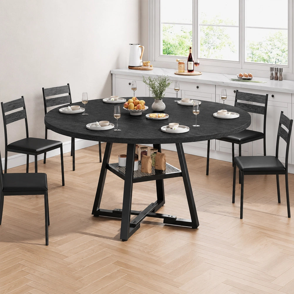Tavolo per Sala da Pranzo Tondo Nero con Ripiano Portaoggetti 120x120x76cm