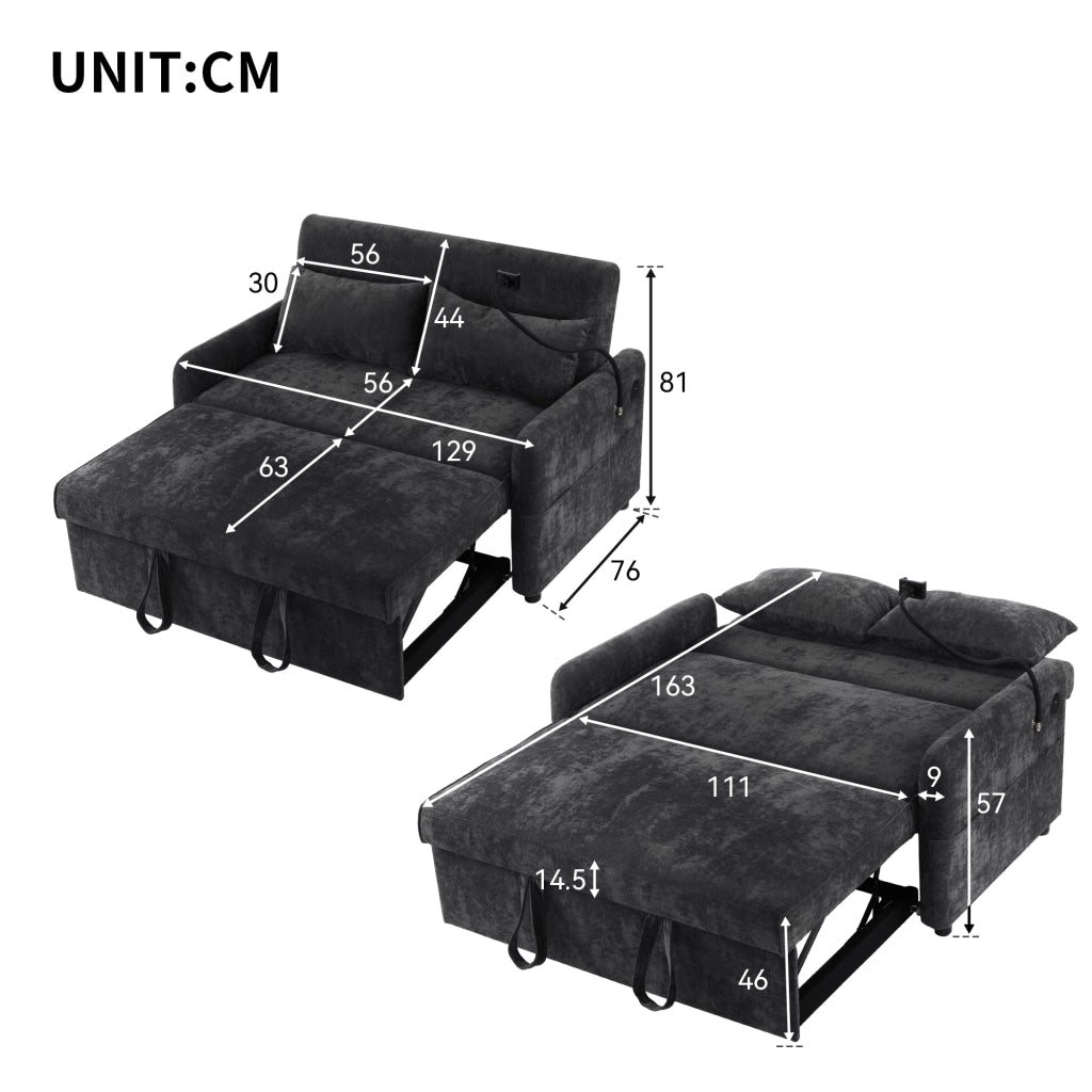 Divano Letto 2 Posti Estraibile con Schienale Regolabile; USB; Supporto Telefono e Tasche; Ciniglia Grigia