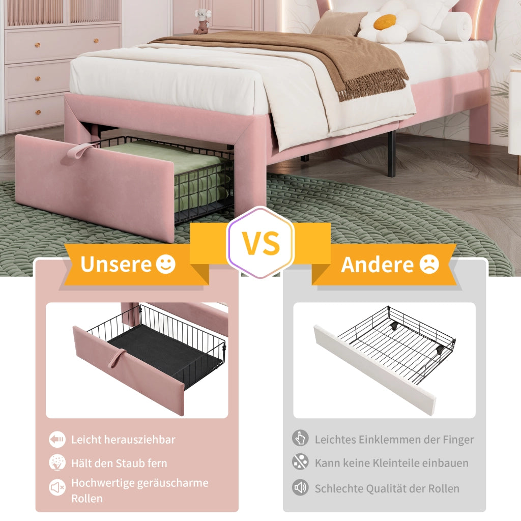 LETTO Singolo 90x200 cm in Velluto Rosa con LED, testiera regolabile e cassetto