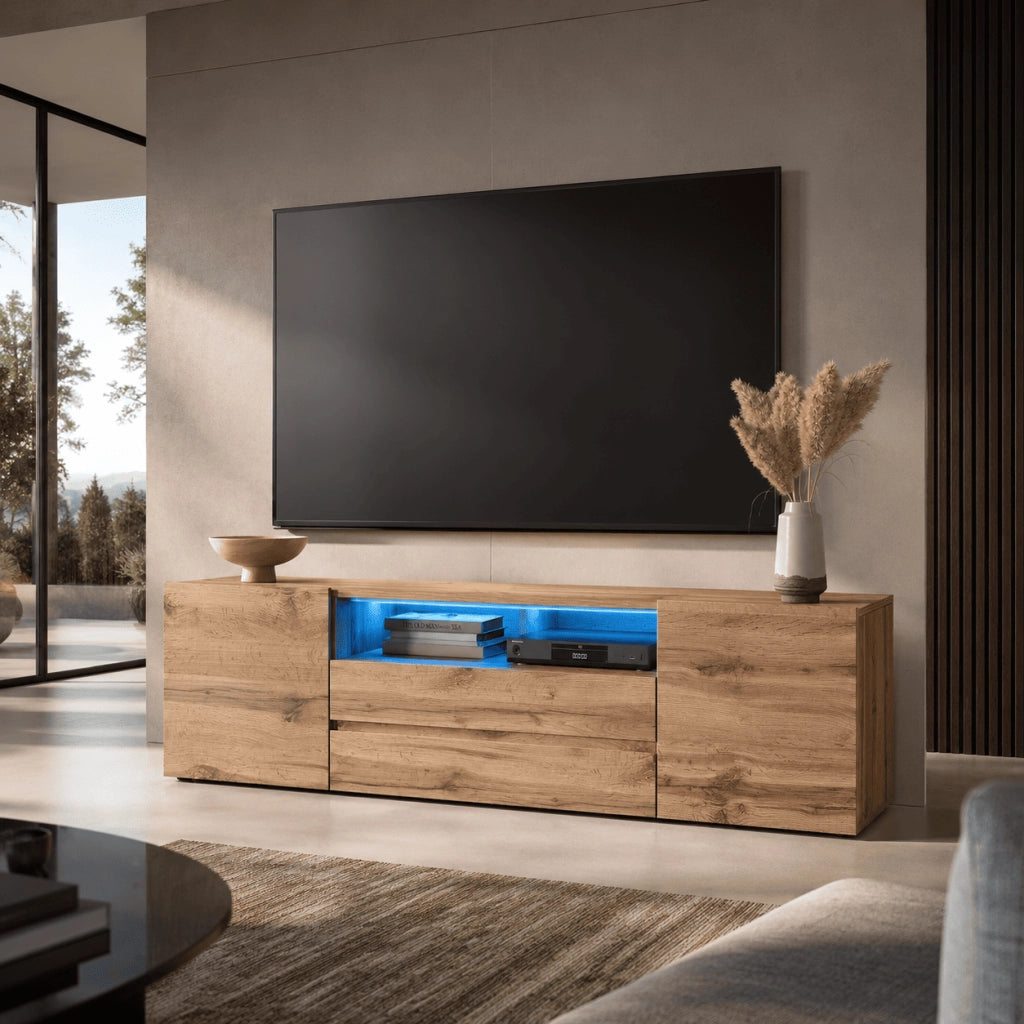 Mobile TV Design Moderno Nordico Con LED Integrati 2 Ante Battenti 1 Anta A Ribalta E Vani A Giorno In Melaminico Per Soggiorno Salotto Zona Living 137 X 45.5 X 33 Cm Rovere