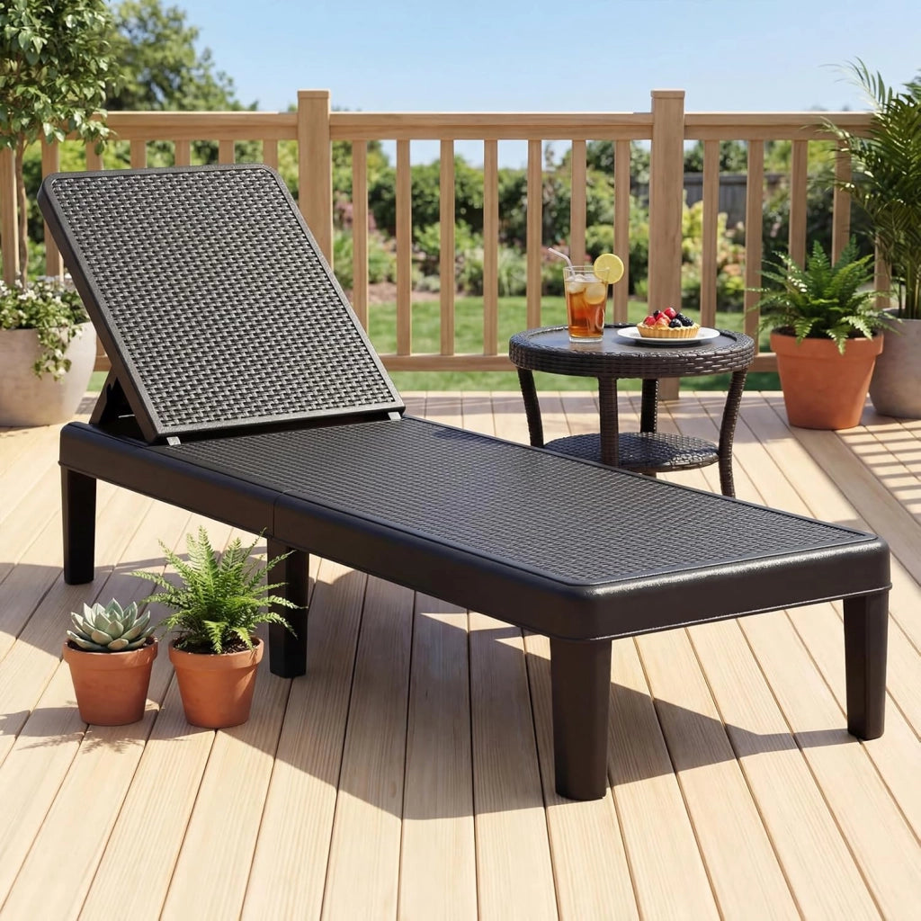 Lettino Prendisole da Giardino, Sdraio con Schienale Inclinabile a 4 Livelli, in PP Rattan, Resistente alle Intemperie, per Esterno, Terrazza, Balcone, Spiaggia e Mare, Portata 150 kg (Nero)