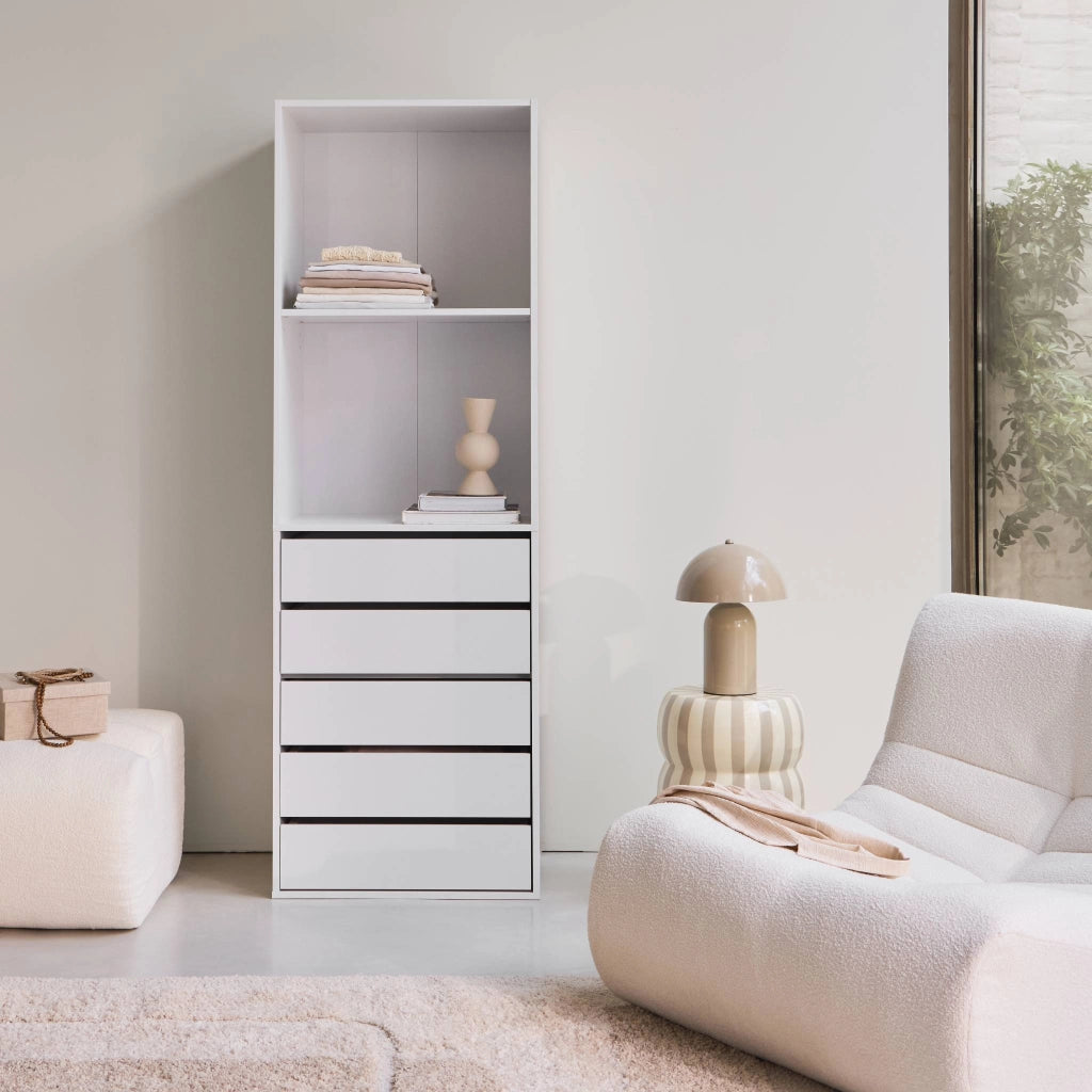 Modulo armadio con 5 cassetti e 2 ripiani, bianco