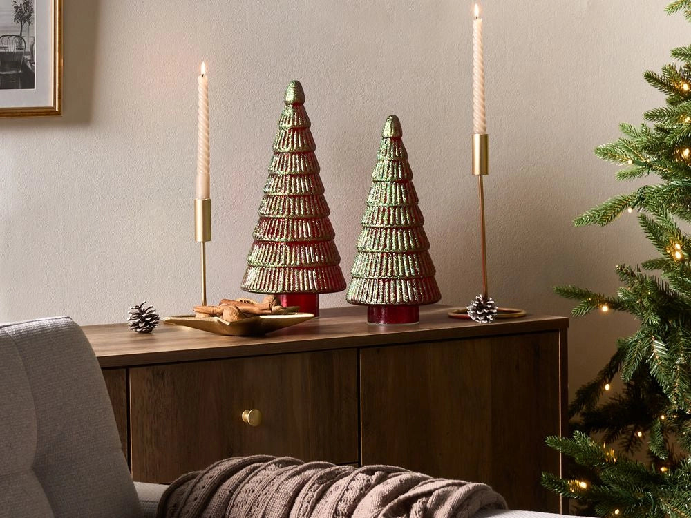 Set di 2 statuine decorative Alberi di Natale in vetro verde e rosso Decorazione festiva Fatte a mano 2 diverse dimensioni