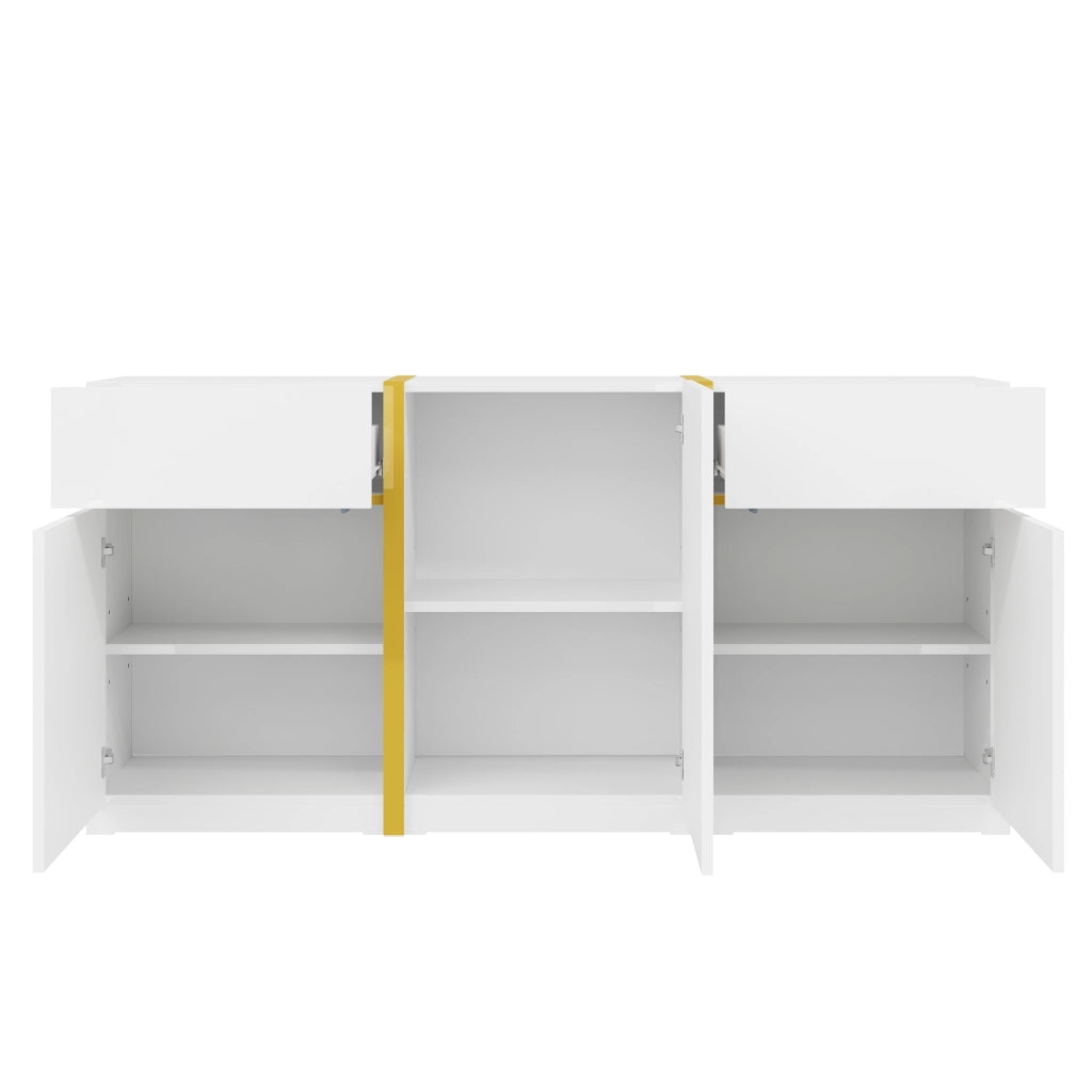 Credenza lucida, 3 ante e 2 cassetti, mobile da ingresso, finiture dorate, bianco