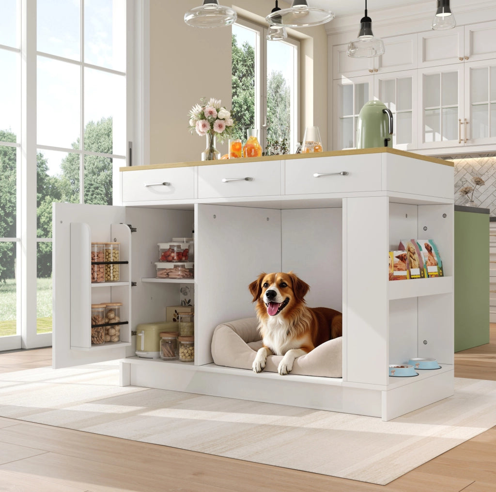 Isola da cucina con 3 cassetti e area per animali, 120 cm