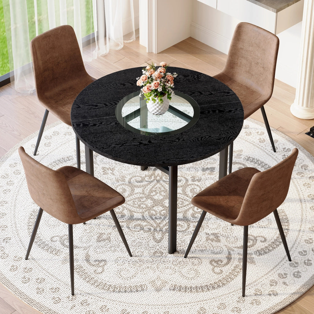 Tavolo da pranzo rotondo con 4 sedie, piano in MDF e vetro, per soggiorno e cucina, 100 cm, marrone e nero