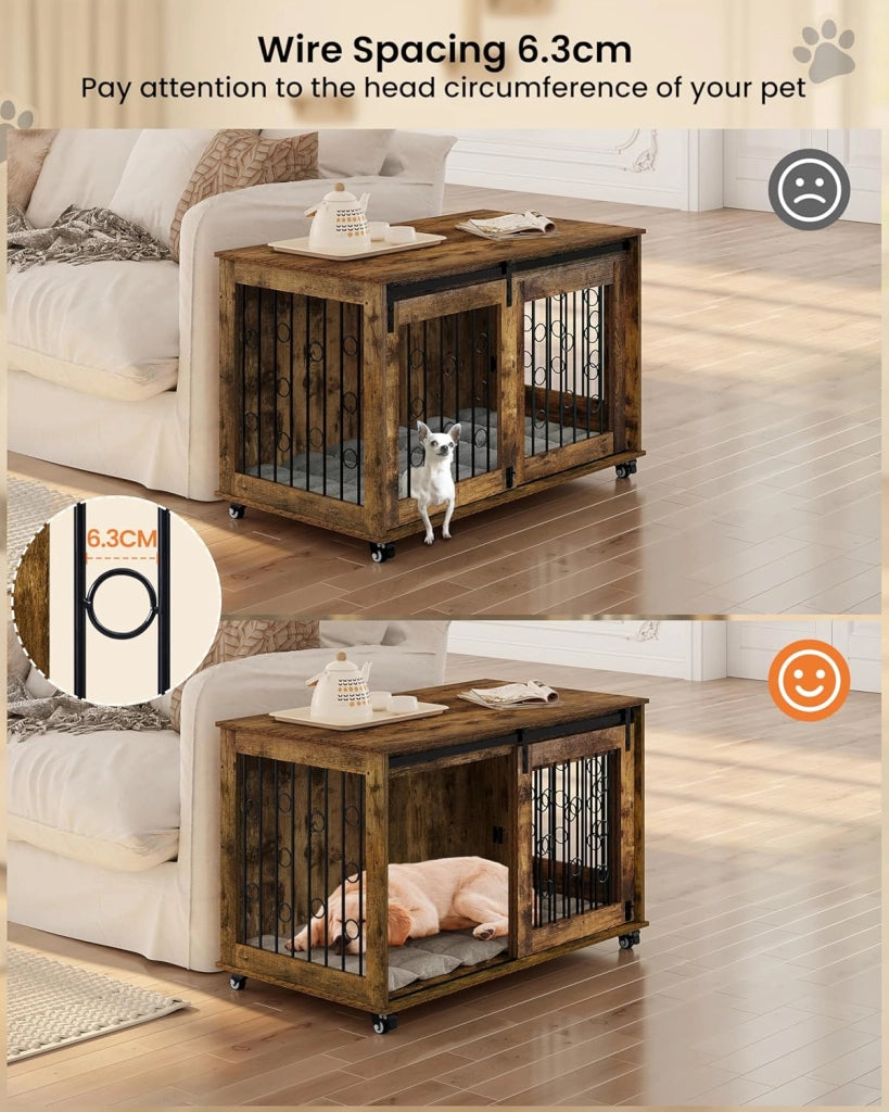 100cm Gabbia per Cani da Interno, Kennel Cane Medio Grande con 2 Porte e Ruote 360° Casetta Gabbia Movibile per Cani, Gabbie per Cane Arredamento in Legno Marrone Vintage 100x56x65cm