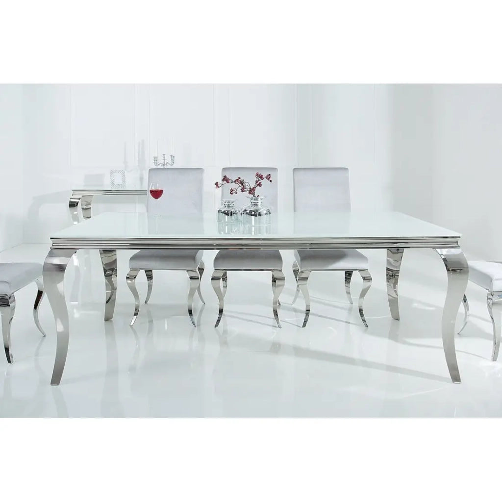 Tavolo da pranzo VELENA – Acciaio argentato e vetro opalino – 200 cm – Stile barocco moderno