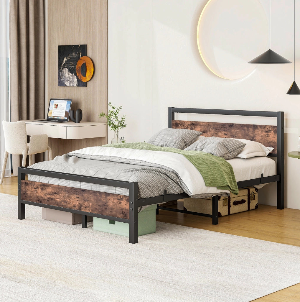 Letto ULEVR 140x190 cm in metallo e MDF, con rete a doghe e spazio sottostante, marrone antico