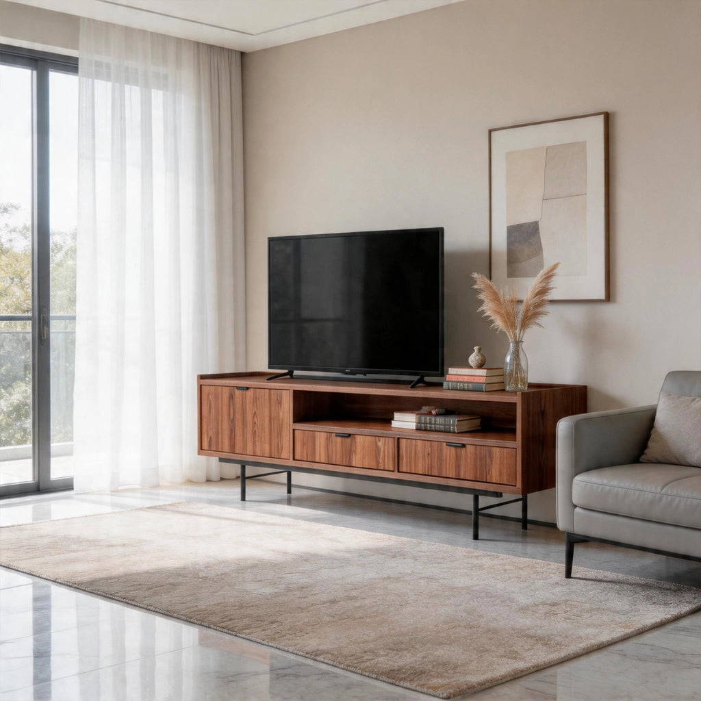 Mobile Porta TV Moderno In Melaminico 1 Anta A Ribalta 2 Cassetti Con Vano A Giorno E Passacavo Per Soggiorno Salotto Zona Living Design Contemporaneo 150 X 40 X 55 Cm Noce
