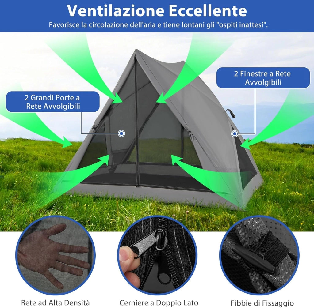 Tenda da Campeggio Zaino in Spalla 2-3 posti, Tenda Ultraleggera Impermeabile, Baldacchino a Igloo e Anti UV 3 Stagioni o Facile da Installare e imballare, 225 x 145 x 161 cm, grigio