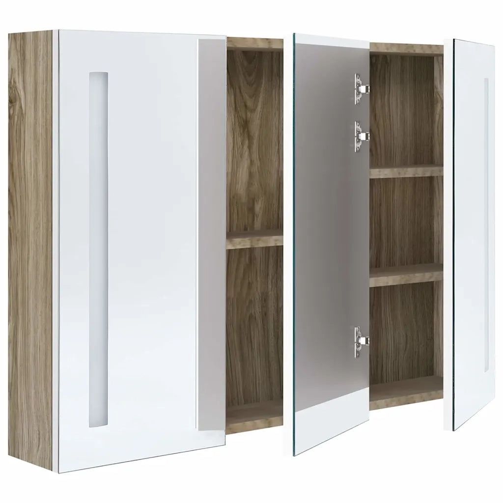 Armadietto Bagno con Specchio e LED-Mobile bagno con specchio 89x14x62 cm Bianco e Rovere