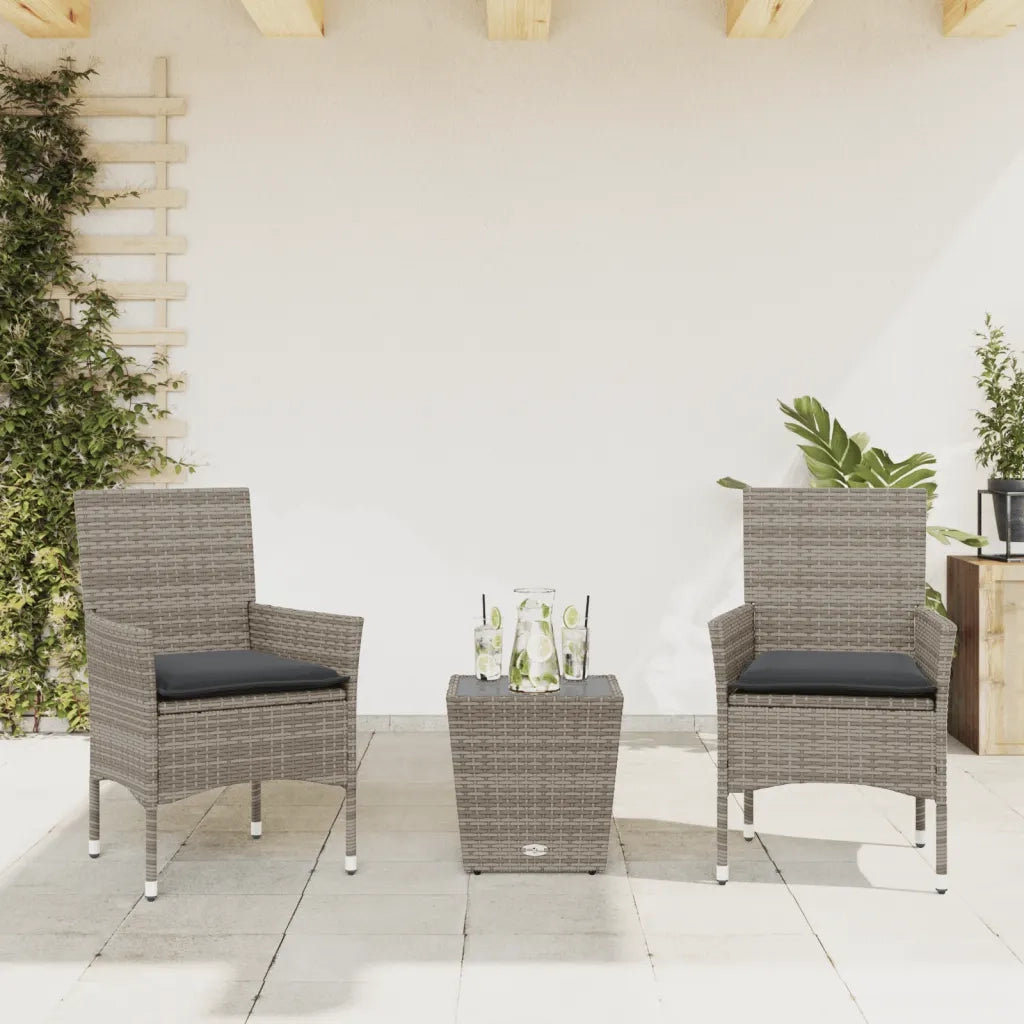 Set da BistrÃ² 3 pz con Cuscini Grigio Polyrattan e Vetro