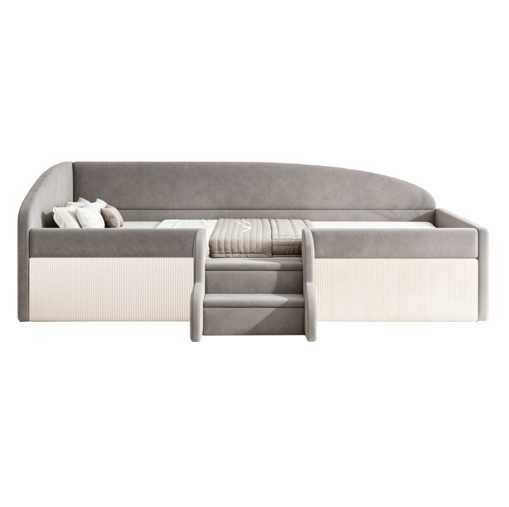 Letto per bambini 90x190 cm imbottito in velluto con sponde e scalini; grigio