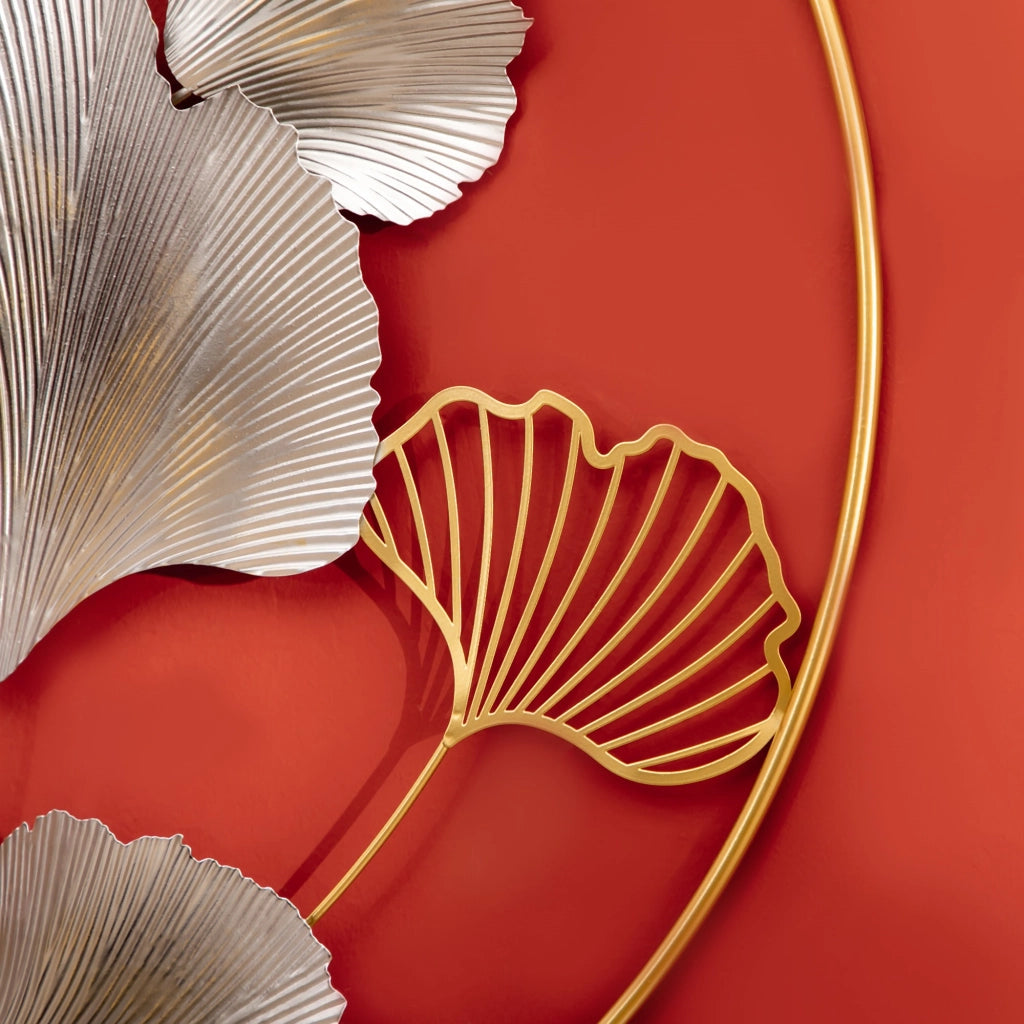 EasyComfort Decorazione Murale 3D in Metallo, Wall Art Dorata con Ginkgo in due Cornici Rotonde, 102x66.2cm, Oro e Argento