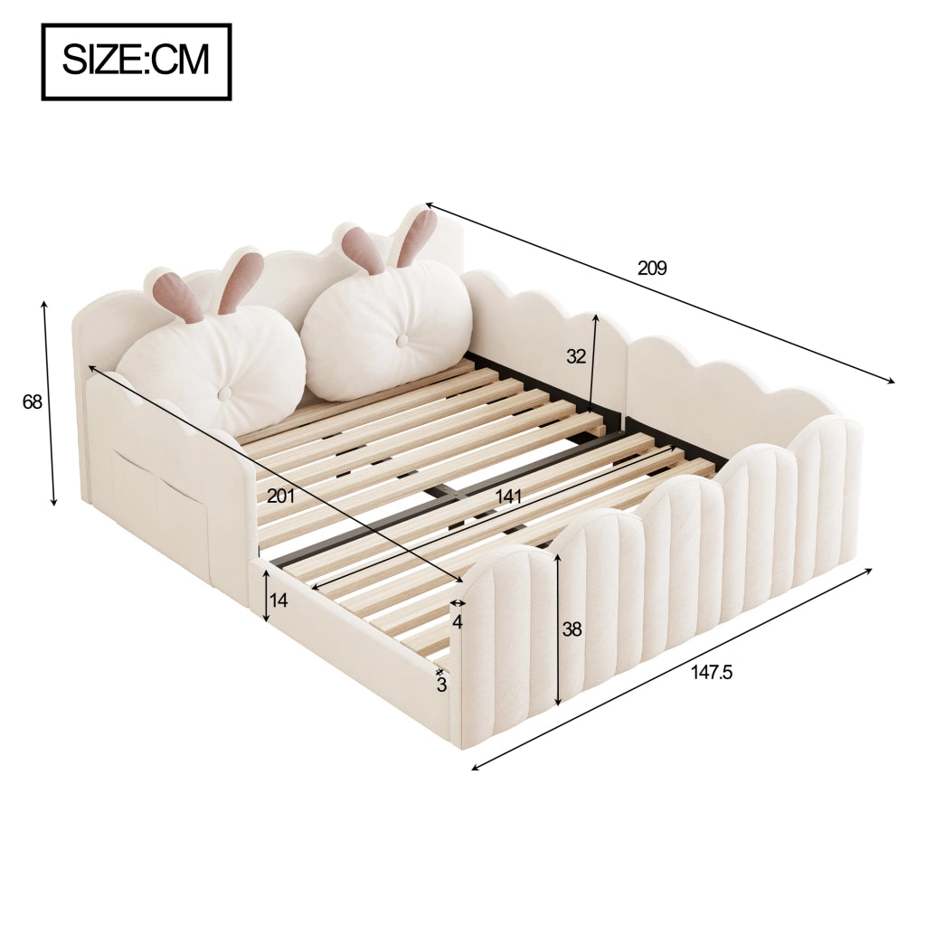 Letto imbottito 140 × 200 cm con sponde di protezione e cuscino a orecchie di coniglio beige