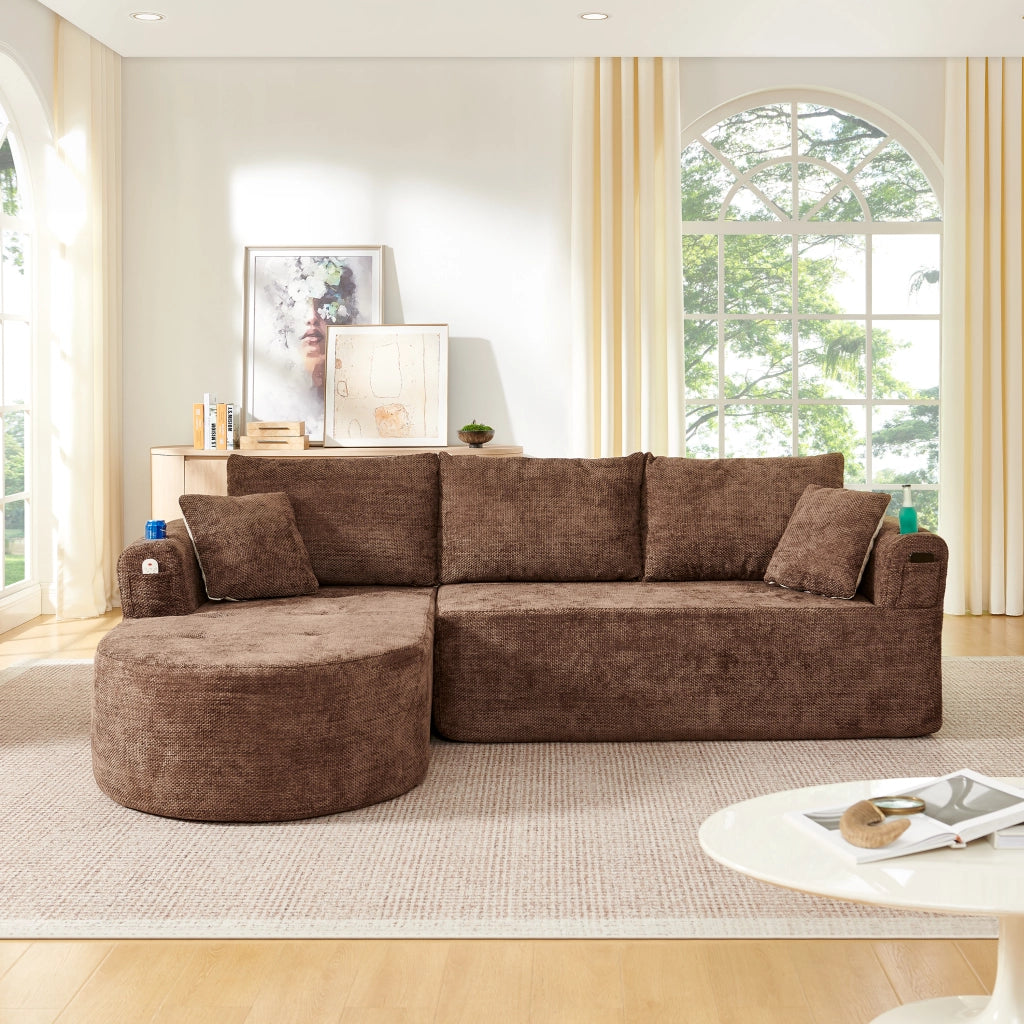 Divano Angolare L-Form con Braccioli e Portabicchieri ¨C MINIMAL ¨C Lino Beige