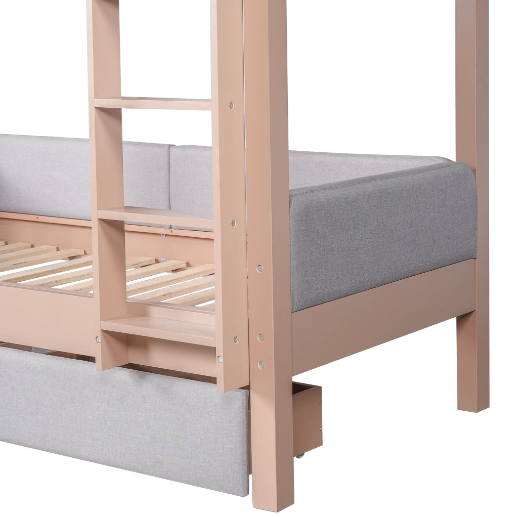 Letto a Castello 90x200 cm - 2 Cassetti; Scala a 4 Gradini e Sponde - Grigio