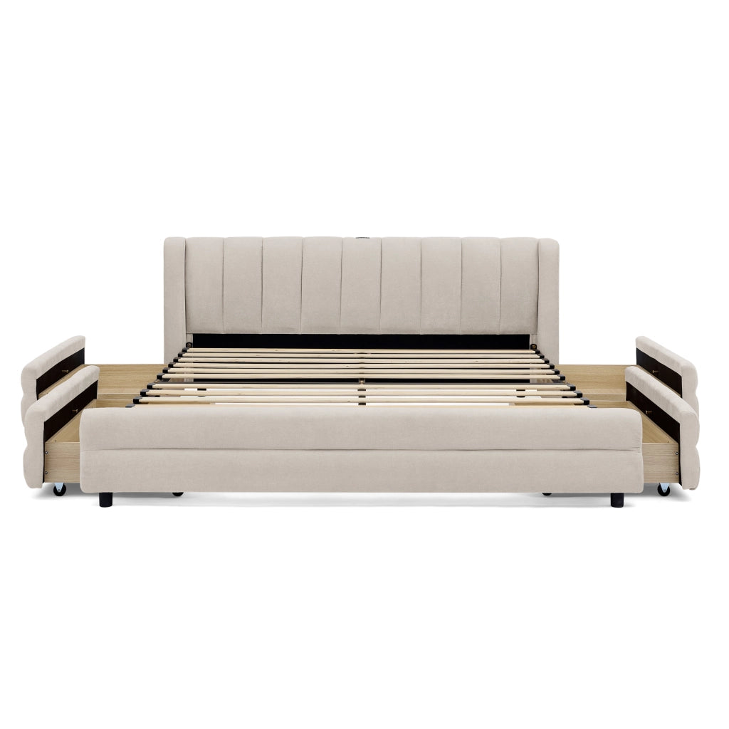 DESMIU Letto matrimoniale 140 × 200 cm 4 cassetti, USB e Type-C, senza materasso, in ciniglia, beige