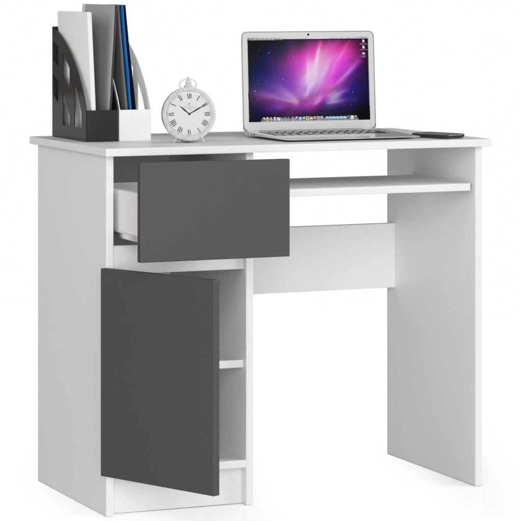 Scrivania per computer AKORD PIKSEL Bianco 90 cm 1 anta 1 cassetto inserto frontale Grigio Grafite 90x50x77 cm Modello a sinistra