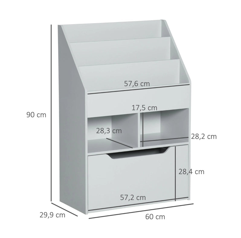 Libreria per bambini grigia con cassetto e ripiani, 60 x 29,9 x 90 cm