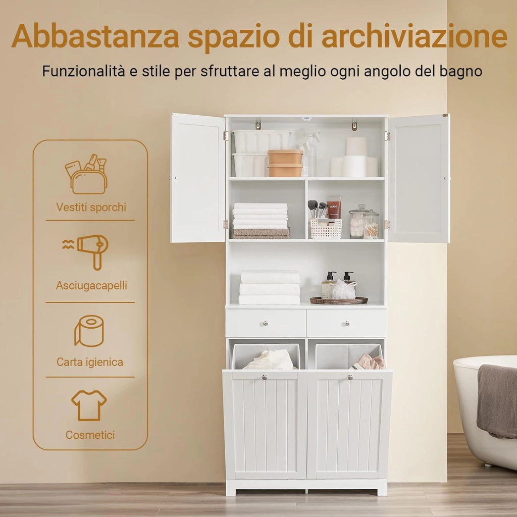 Mobile Bagno Salvaspazio con 2 Cesti Portabiancheria e 2 Cassetti Colonna Bagno Stretta 78x38x181cm Armadietto con Ripiano Aperto e Vano per Famiglie e Piccoli Spazi BZR215-W