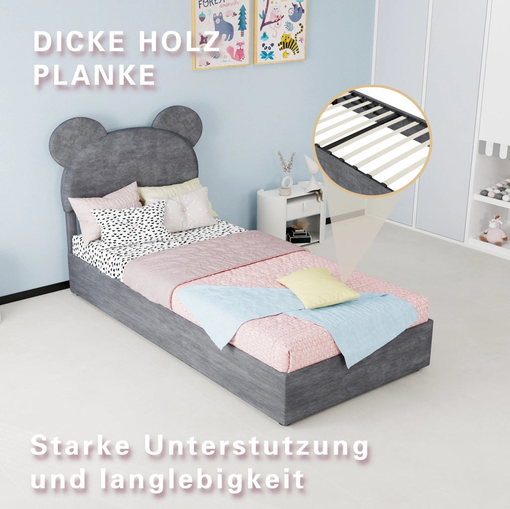 Letto imbottito 90x200 cm con testiera cartoon e contenitore a sollevamento, grigio