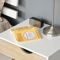 Comodino, Tavolino da Notte, con Cassetto, Design Moderno, Gambe in Legno Massiccio, 50 x 39 x 51 cm, Bianco e Legno Naturale