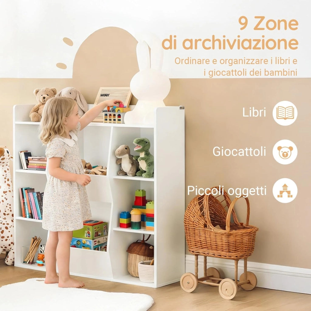 Libreria Montessoriana per Bambini - Scaffale Portagiochi con 8 Scomparti Aperti - Libreria da Terra per Cameretta 106x30x104 cm Bianco KMB55-W