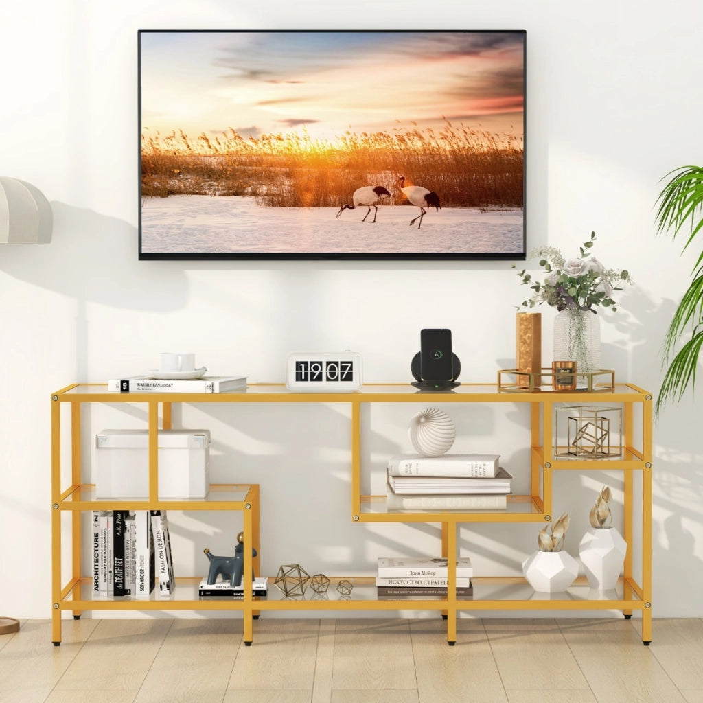 Supporto TV moderno per TV fino a 65 pollici per soggiorno-Tavolo consolle TV con mensole in vetro temperato Oro