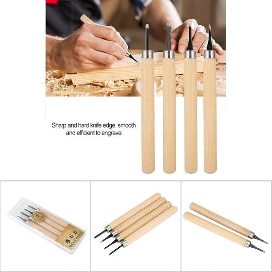 Set di attrezzi per legno con coltelli - 4PCS Spunti per intaglio professionale a mano.